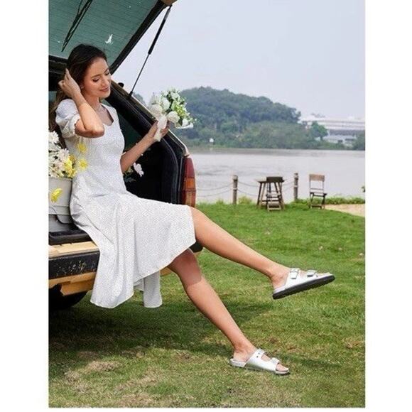 Easyfox Silver Slides Sandals Shoes Women's Double Buckle Adjustable - Picture 3 of 6